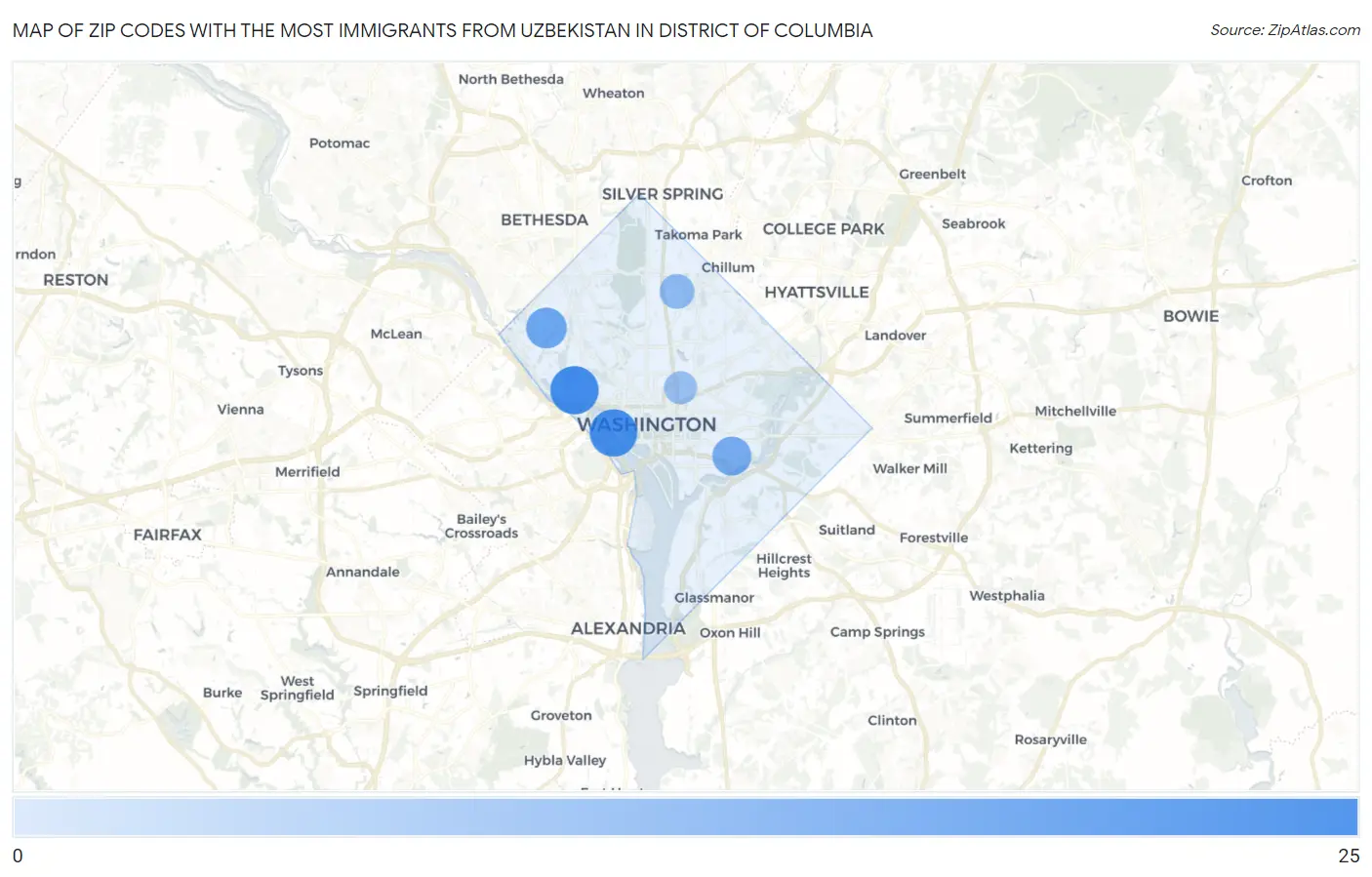 Zip Codes with the Most Immigrants from Uzbekistan in District Of Columbia Map