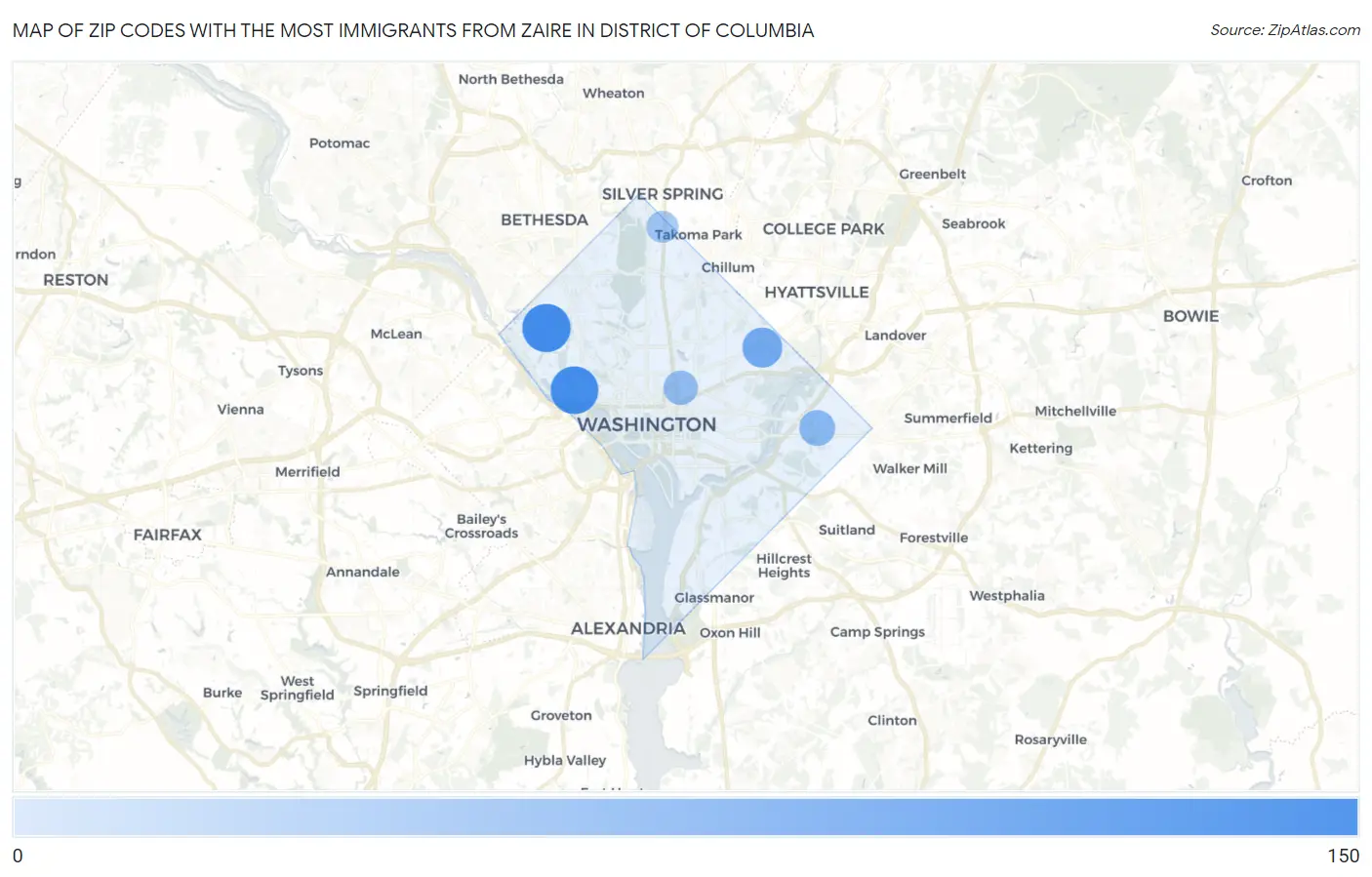 Zip Codes with the Most Immigrants from Zaire in District Of Columbia Map