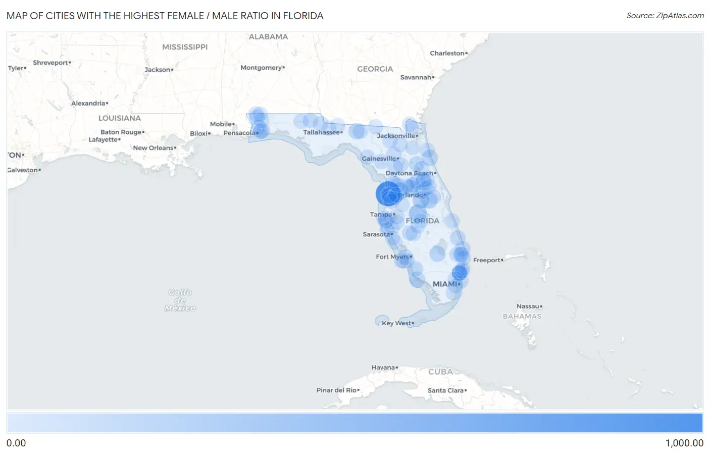 Cities with the Highest Female / Male Ratio in Florida Map