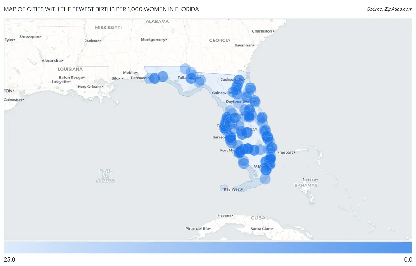 Cities with the Fewest Births per 1,000 Women in Florida Map