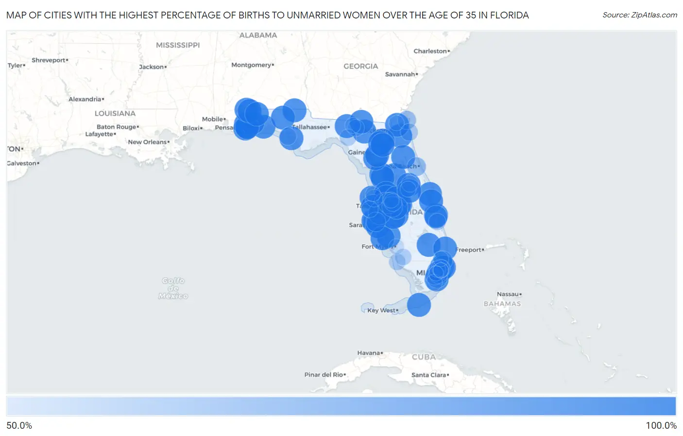Cities with the Highest Percentage of Births to Unmarried Women over the Age of 35 in Florida Map