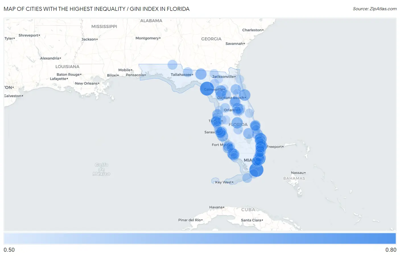 Cities with the Highest Inequality / Gini Index in Florida Map