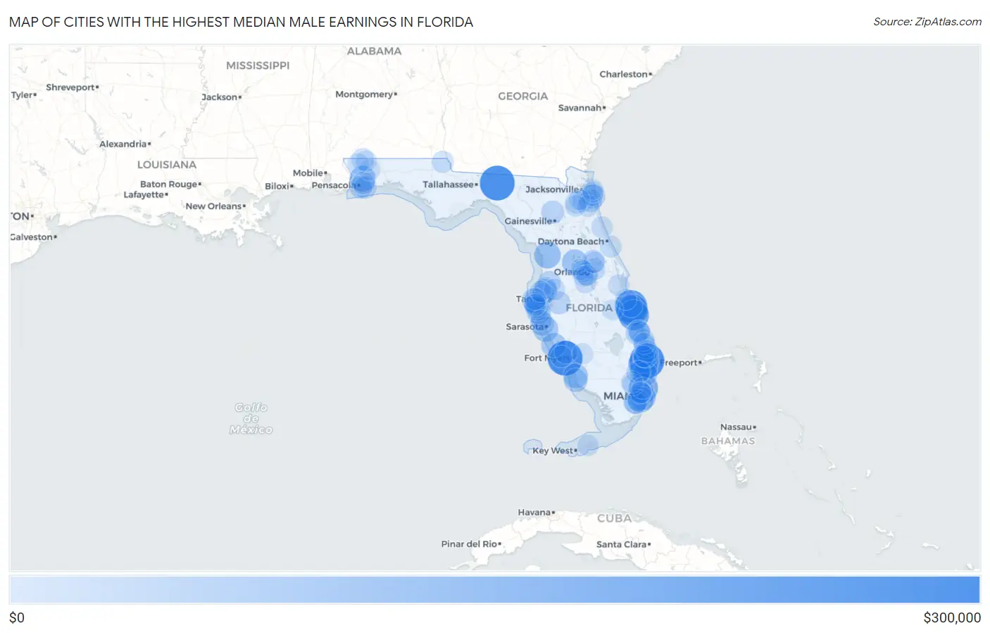 Cities with the Highest Median Male Earnings in Florida Map
