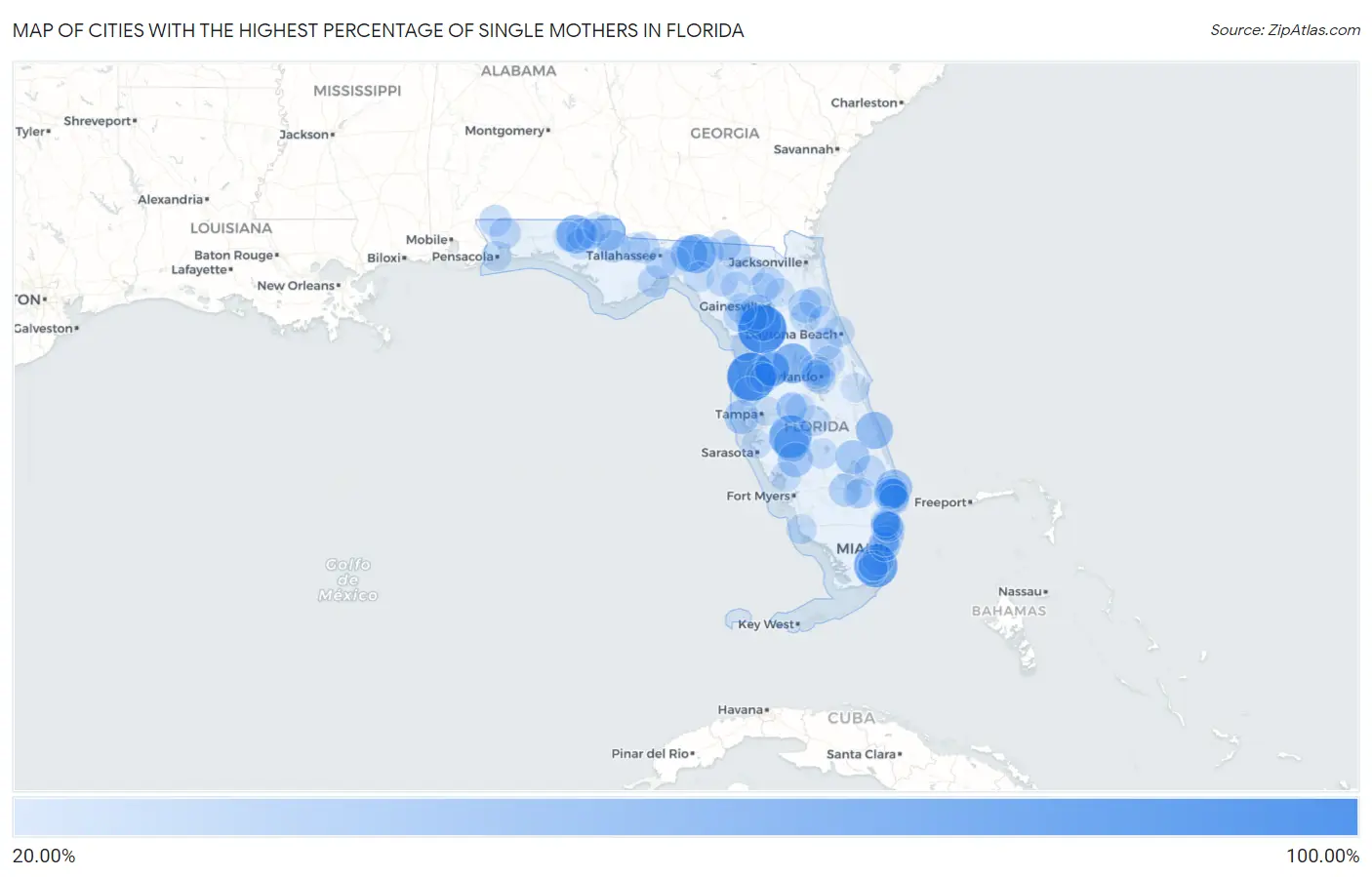 Cities with the Highest Percentage of Single Mothers in Florida Map