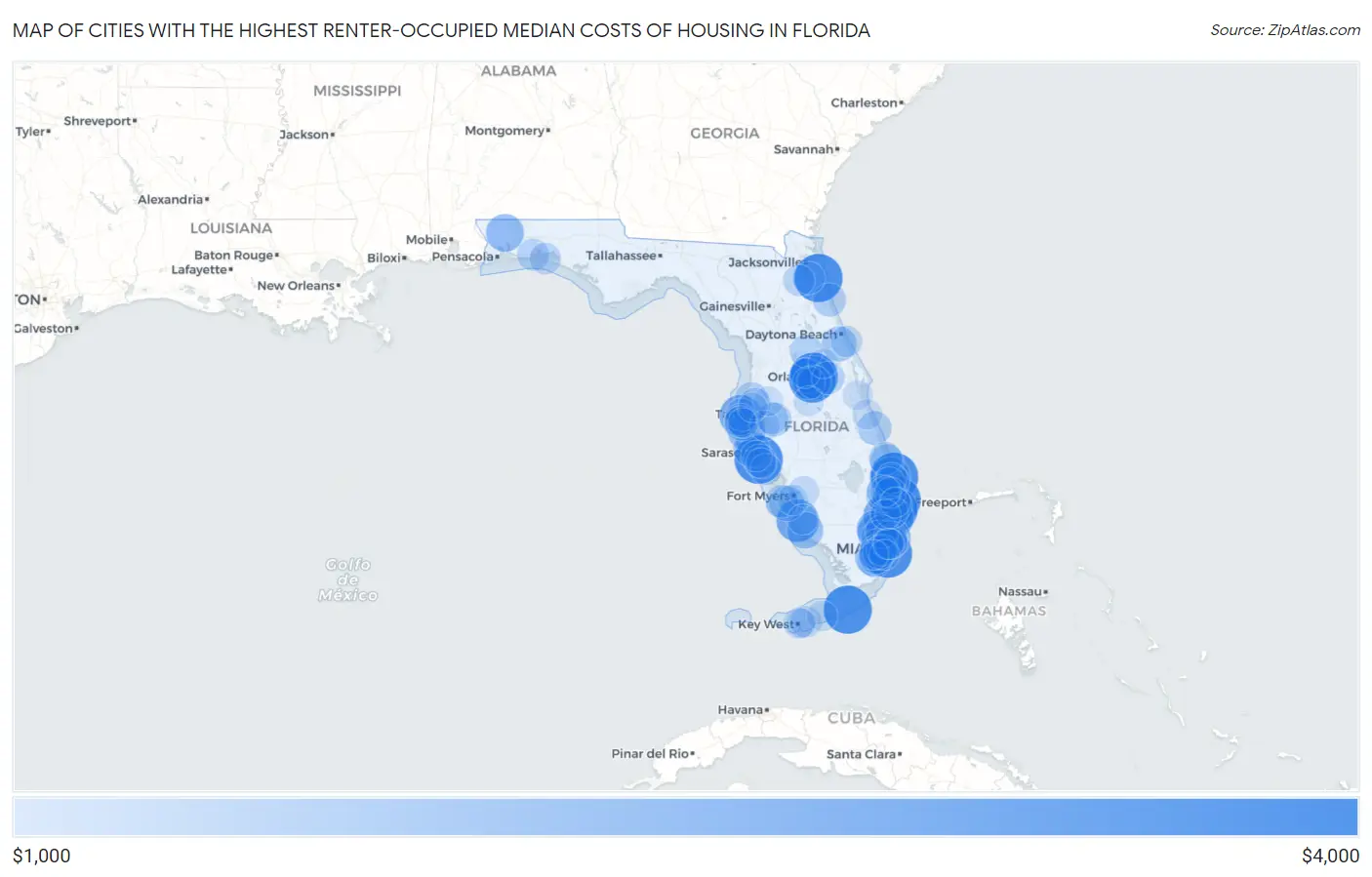 Cities with the Highest Renter-Occupied Median Costs of Housing in Florida Map
