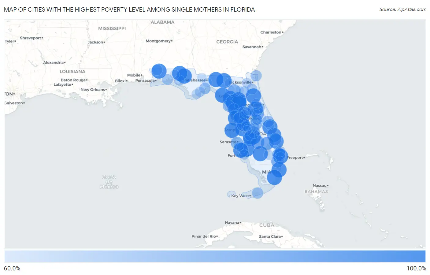 Cities with the Highest Poverty Level Among Single Mothers in Florida Map
