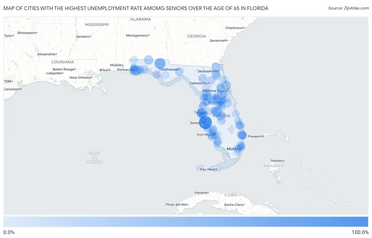 Cities with the Highest Unemployment Rate Amomg Seniors Over the Age of 65 in Florida Map