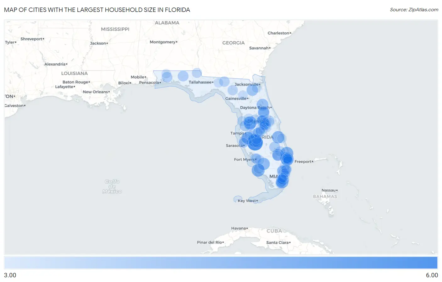 Cities with the Largest Household Size in Florida Map