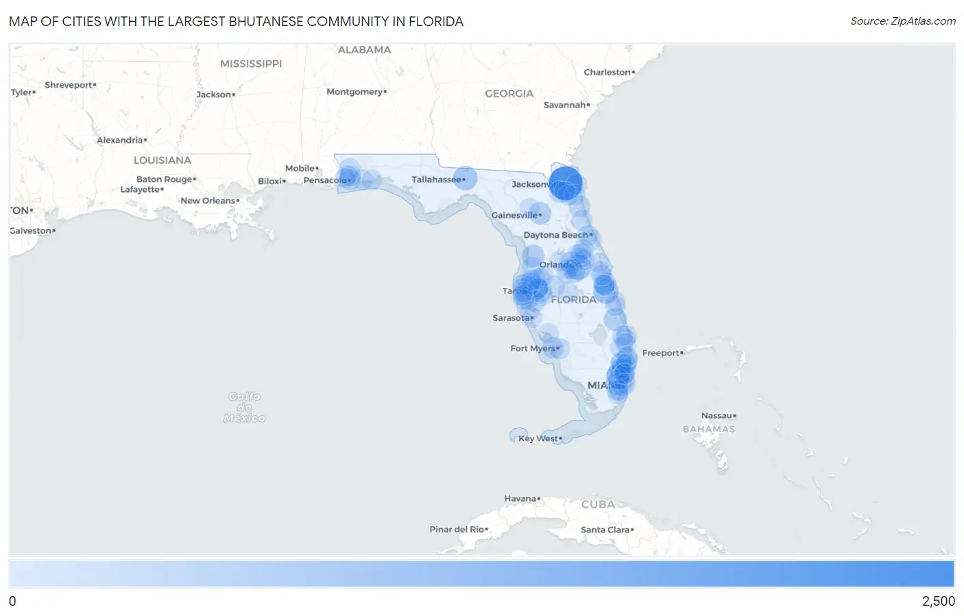 Cities with the Largest Bhutanese Community in Florida Map