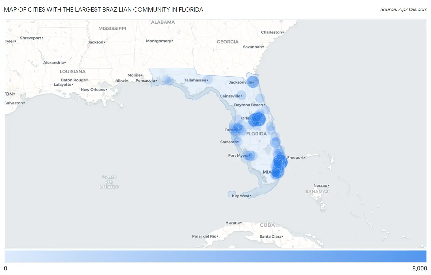 Cities with the Largest Brazilian Community in Florida Map
