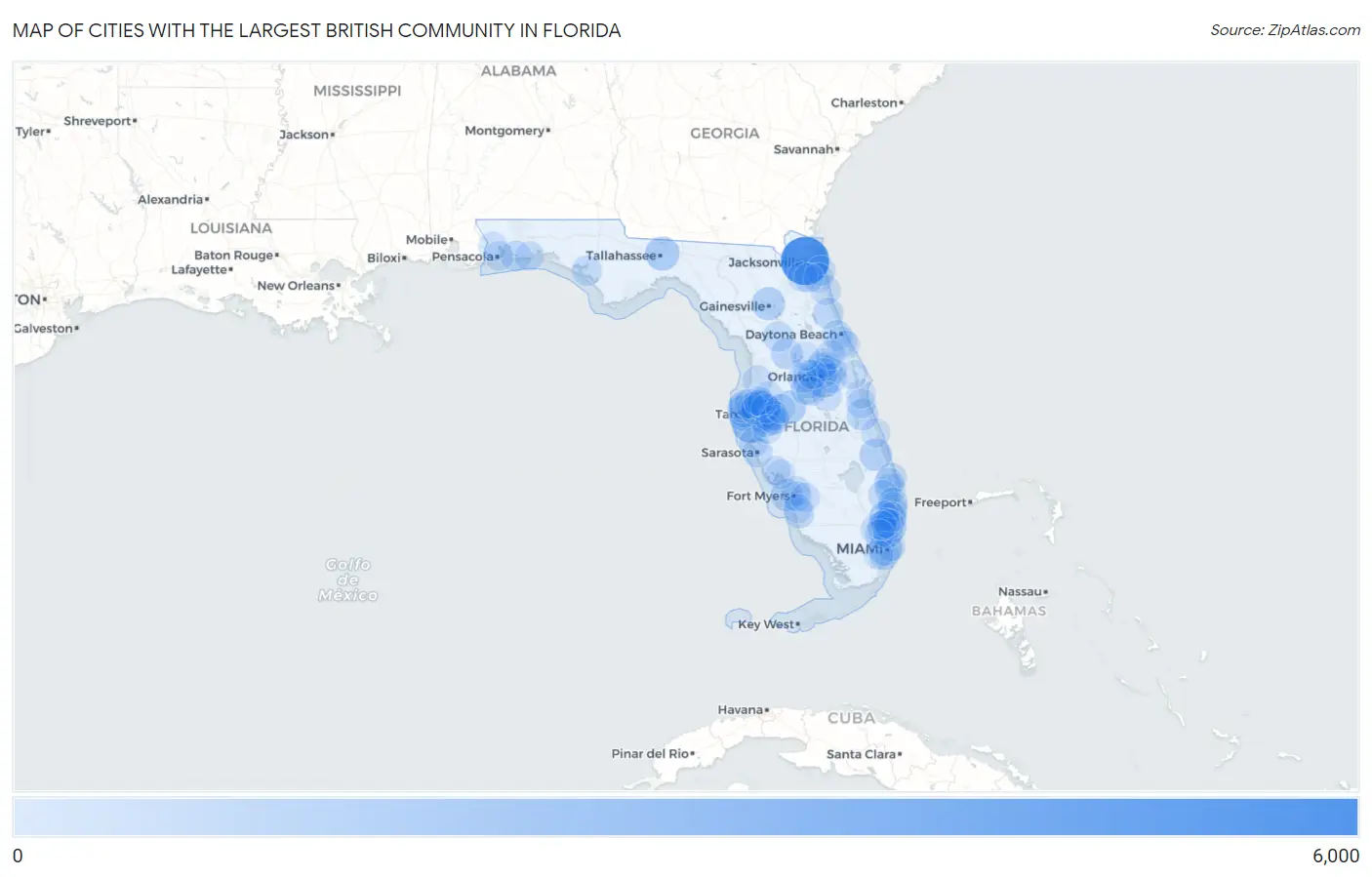 Cities with the Largest British Community in Florida Map
