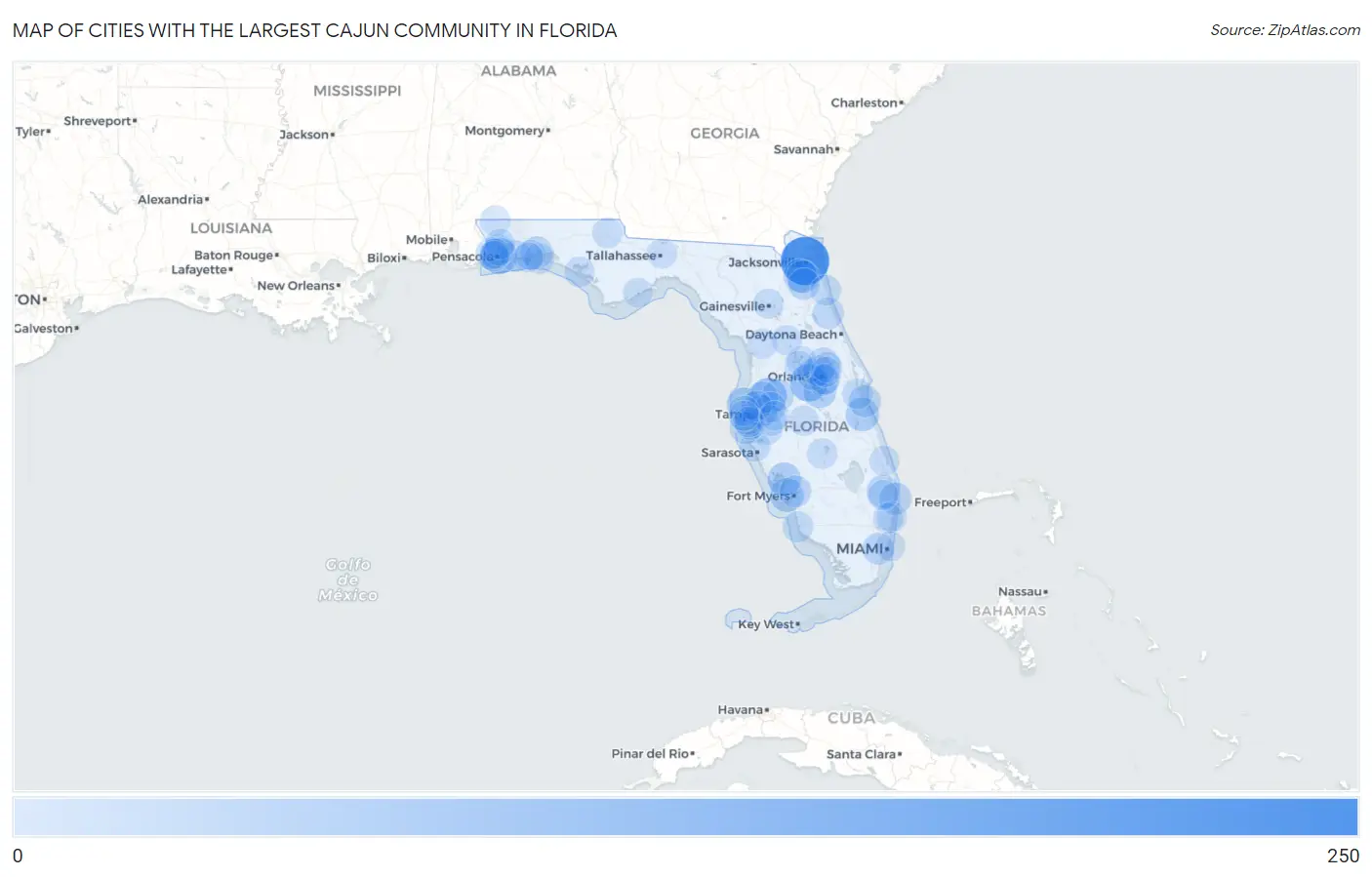Cities with the Largest Cajun Community in Florida Map