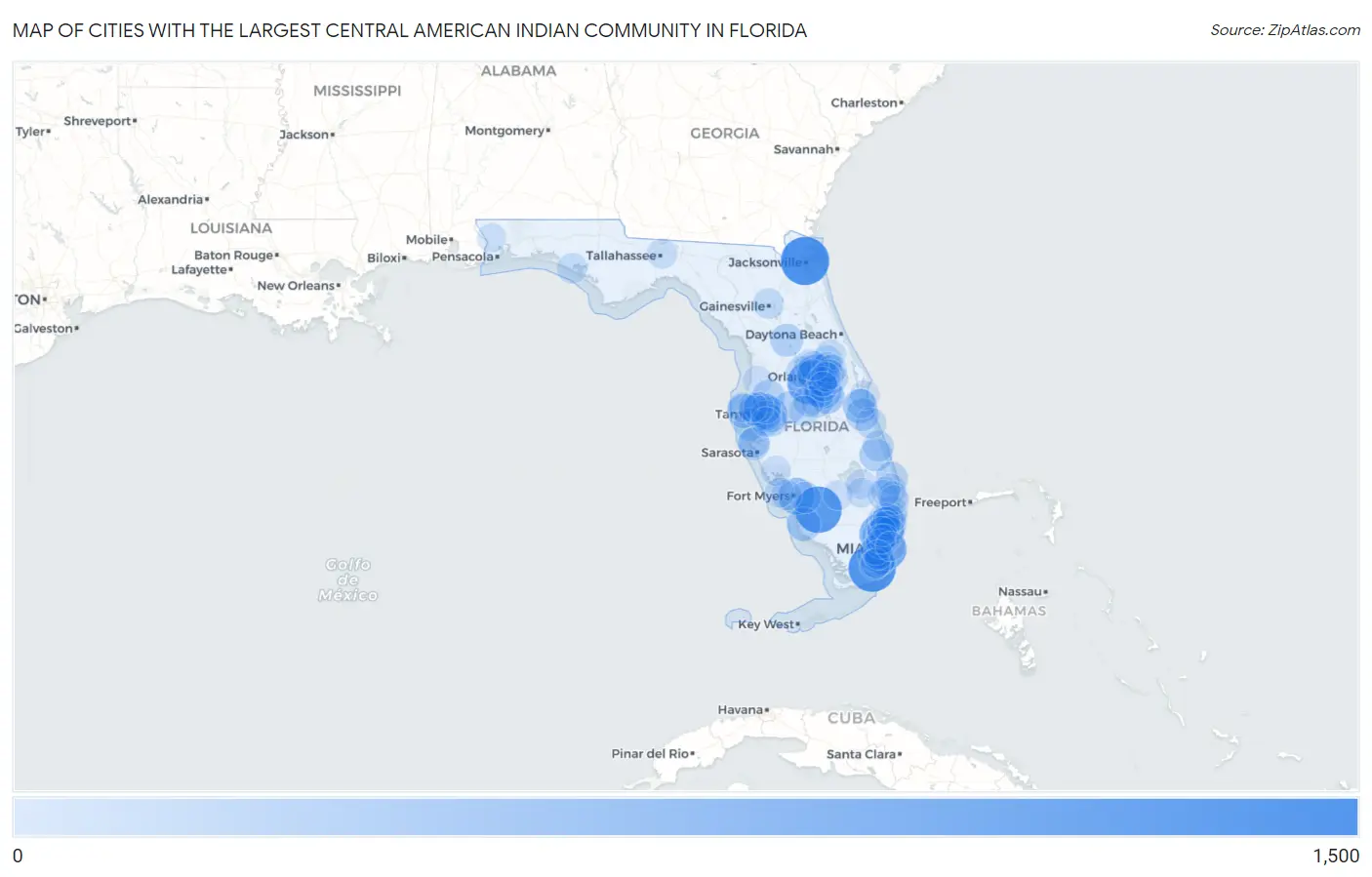 Cities with the Largest Central American Indian Community in Florida Map