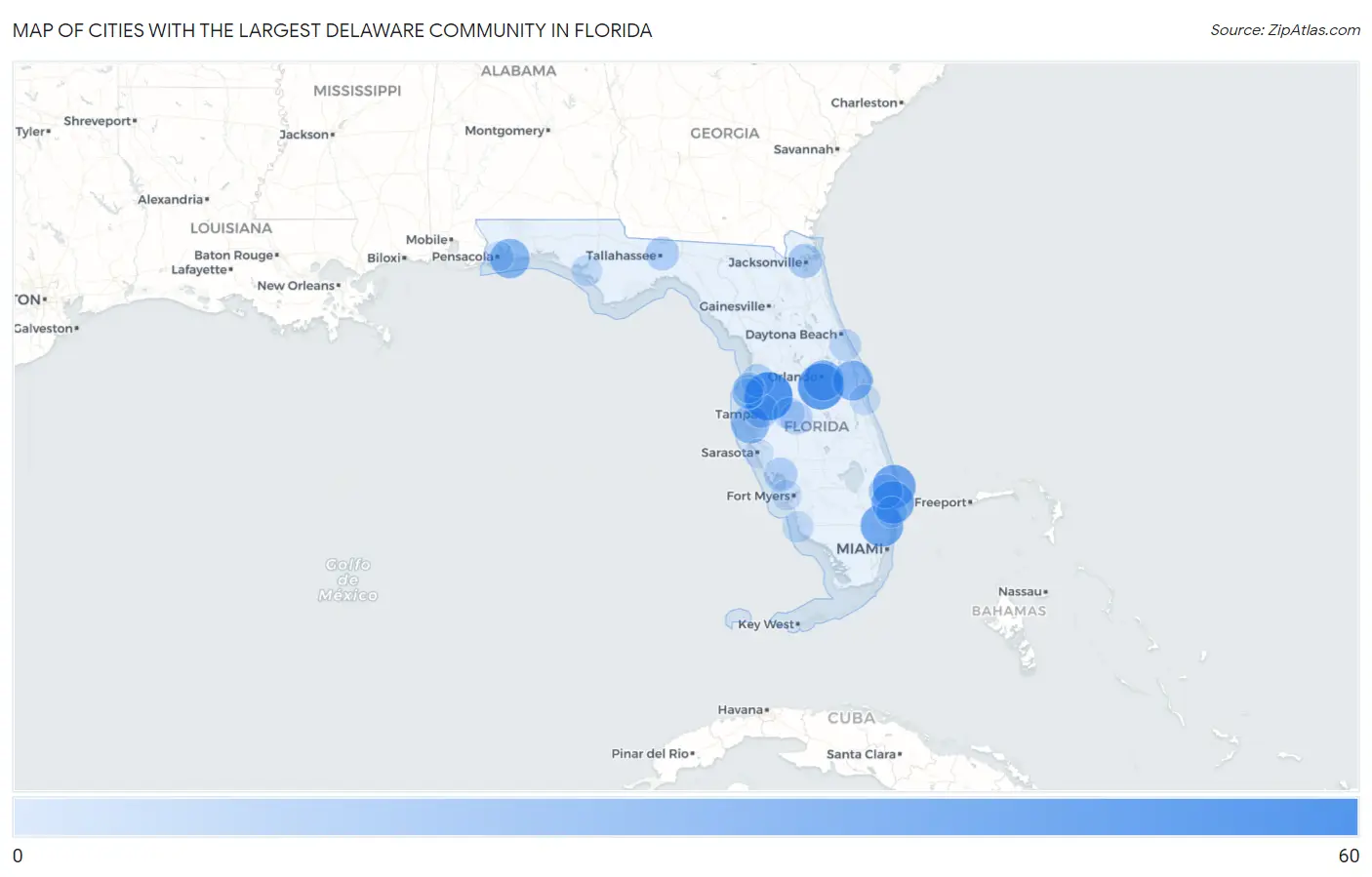 Cities with the Largest Delaware Community in Florida Map