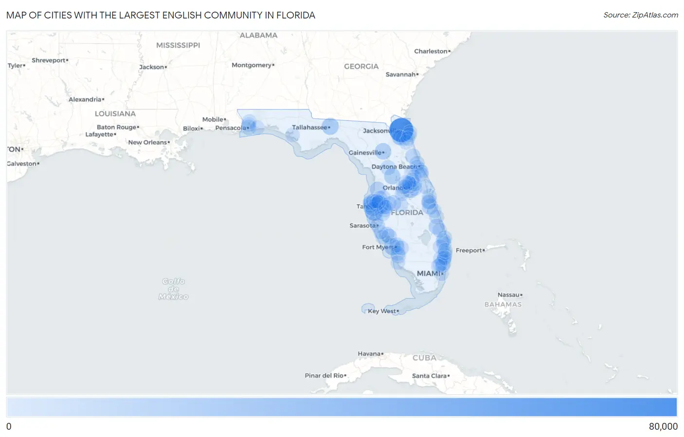 Cities with the Largest English Community in Florida Map