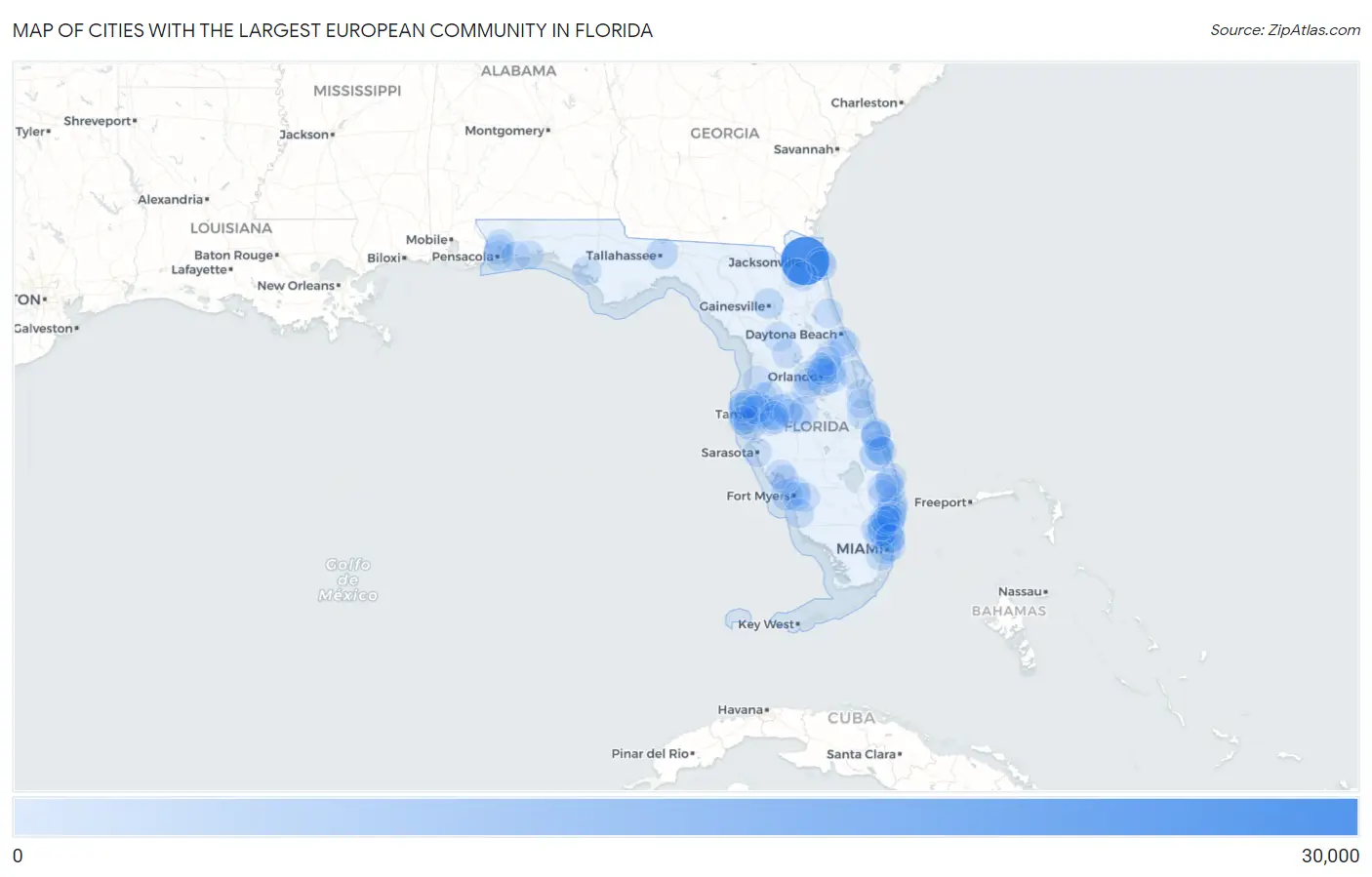 Cities with the Largest European Community in Florida Map