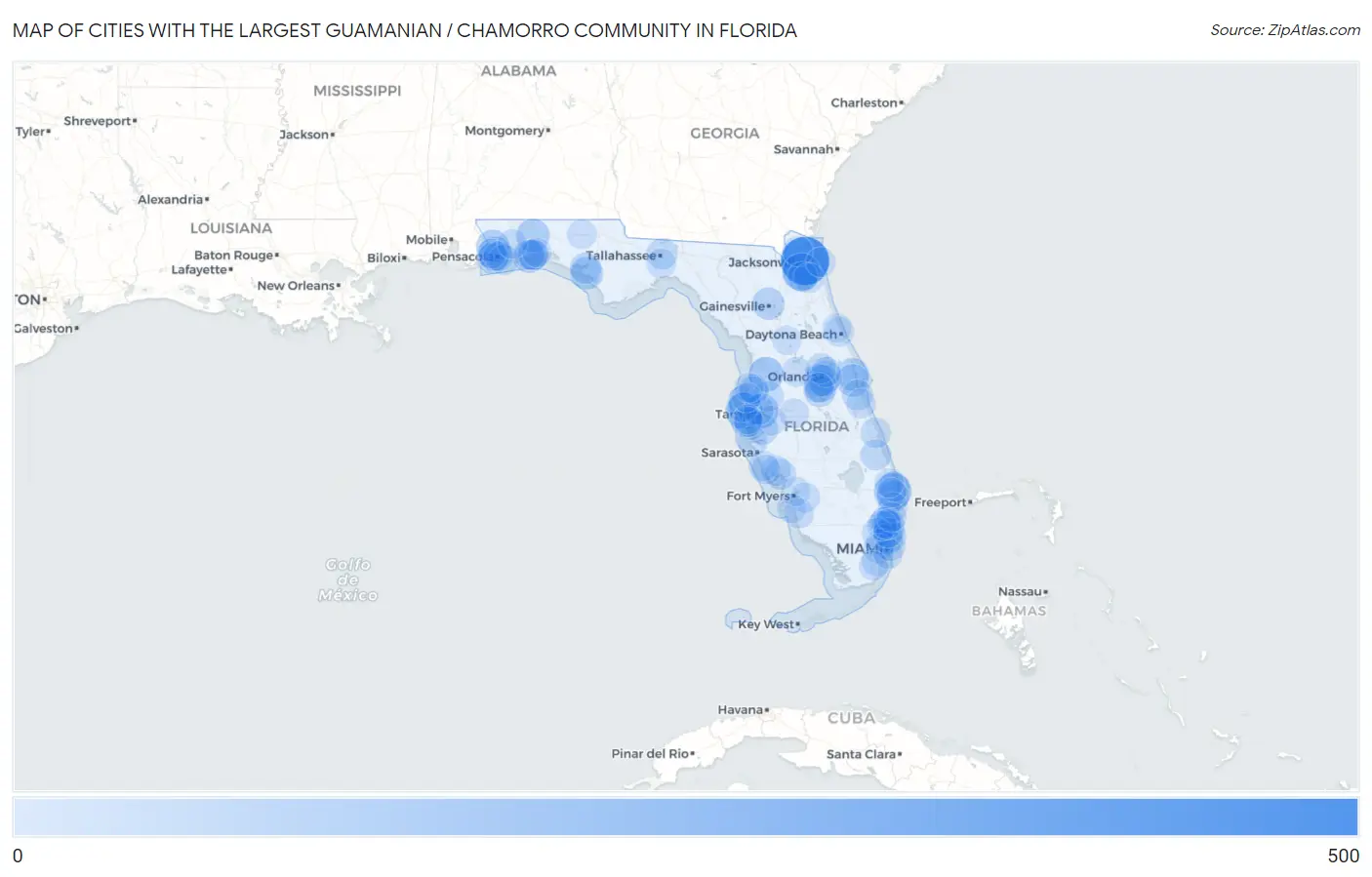 Cities with the Largest Guamanian / Chamorro Community in Florida Map