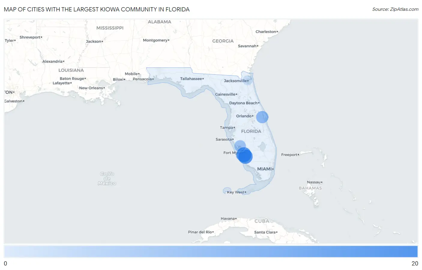 Cities with the Largest Kiowa Community in Florida Map