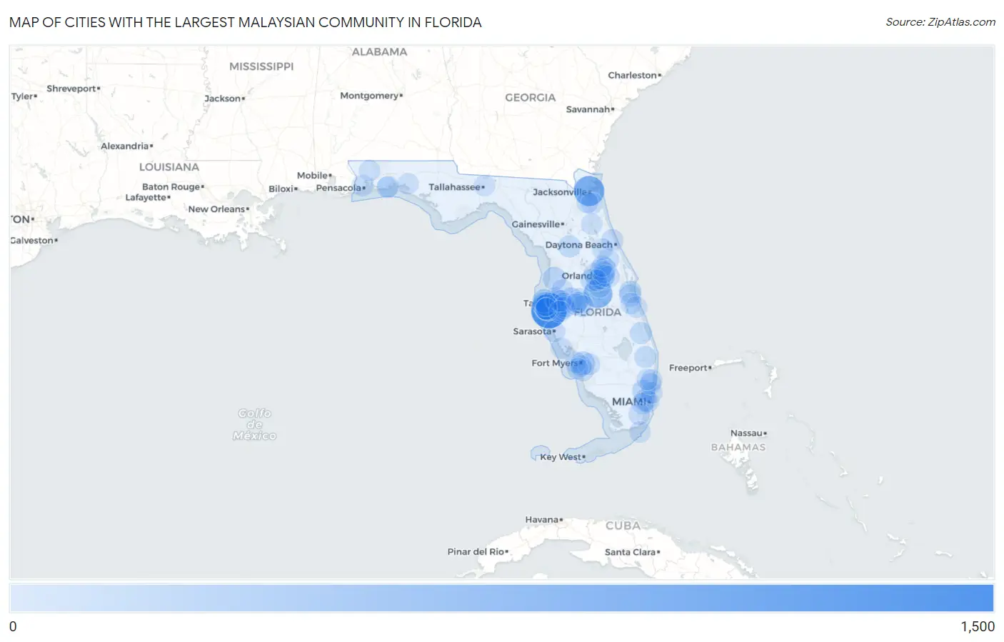 Cities with the Largest Malaysian Community in Florida Map