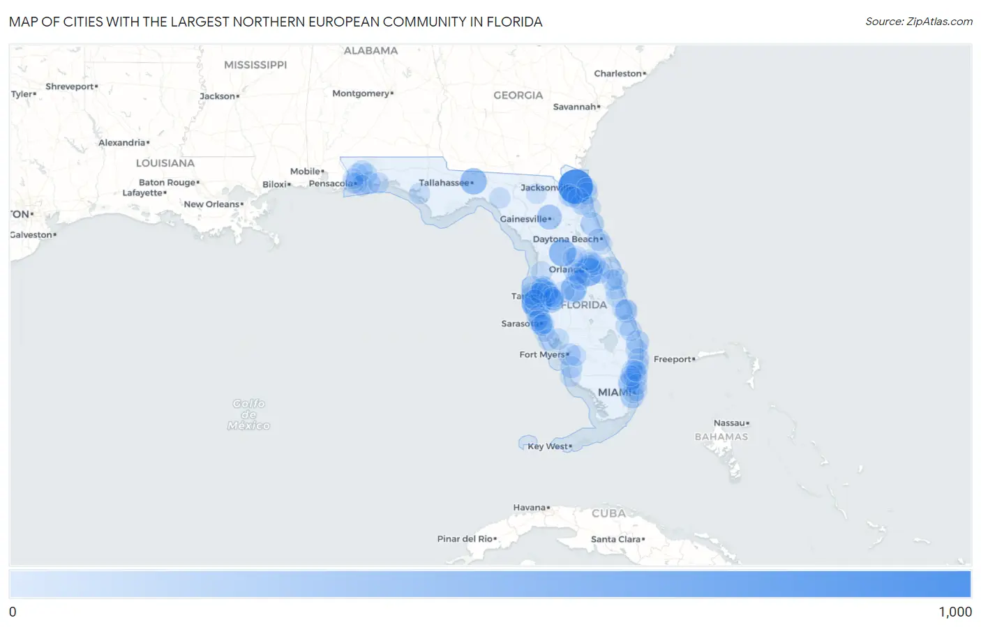 Cities with the Largest Northern European Community in Florida Map