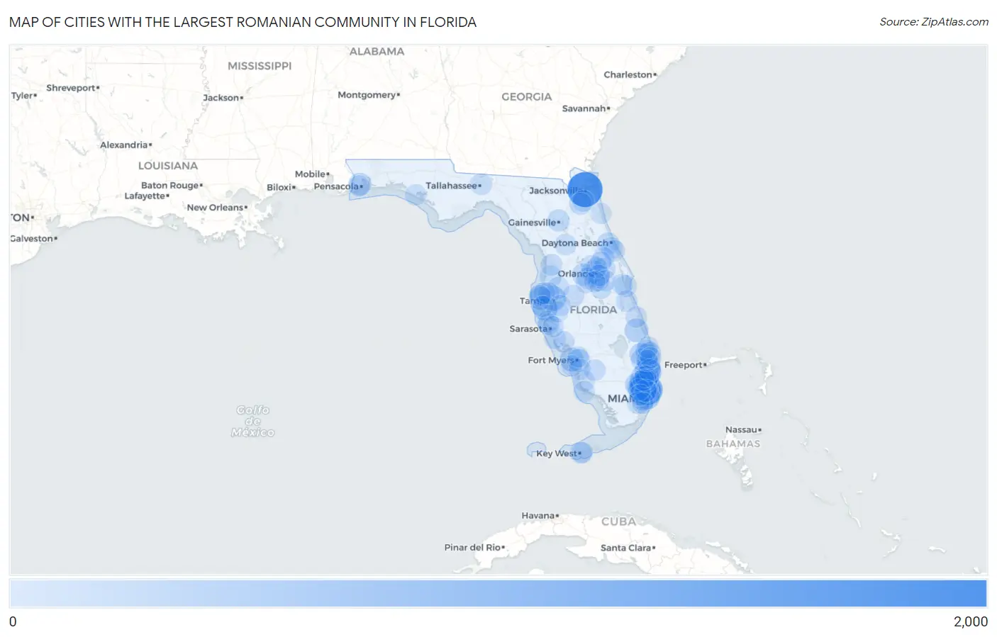 Cities with the Largest Romanian Community in Florida Map