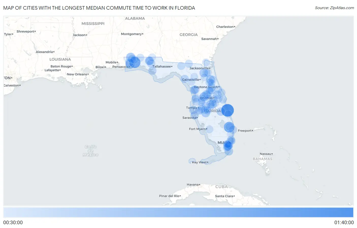 Cities with the Longest Median Commute Time to Work in Florida Map