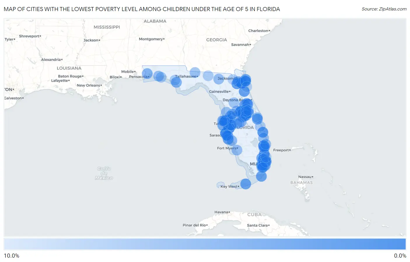 Cities with the Lowest Poverty Level Among Children Under the Age of 5 in Florida Map