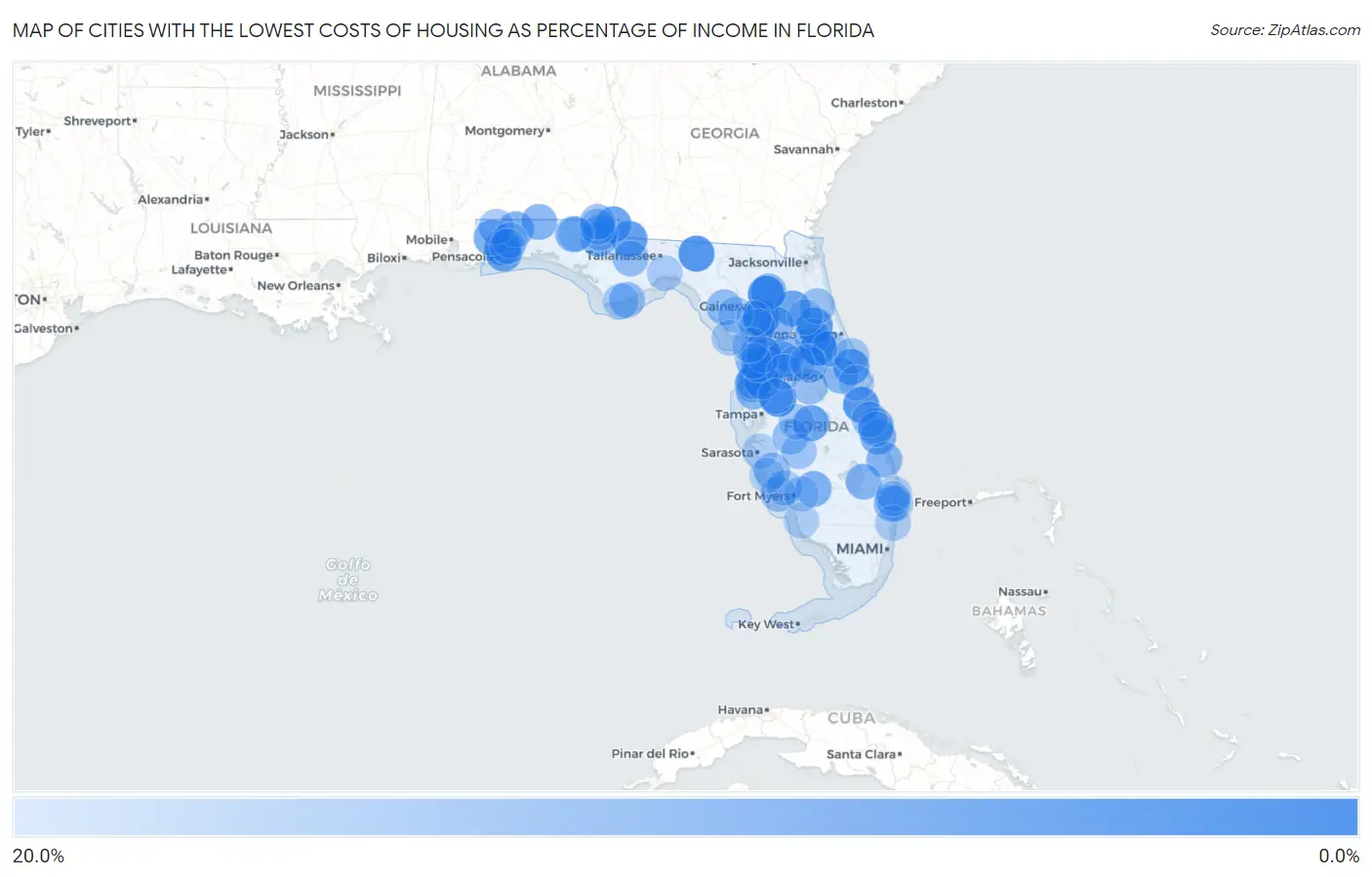 Cities with the Lowest Costs of Housing as Percentage of Income in Florida Map