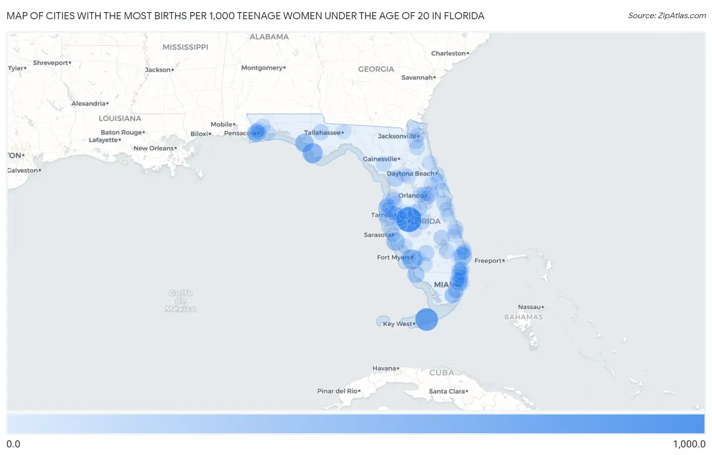 Cities with the Most Births per 1,000 Teenage Women Under the Age of 20 in Florida Map