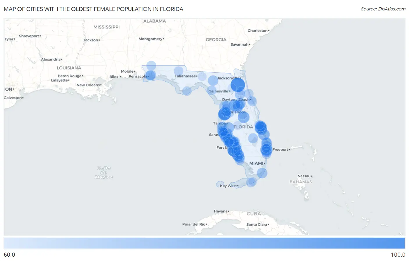 Cities with the Oldest Female Population in Florida Map