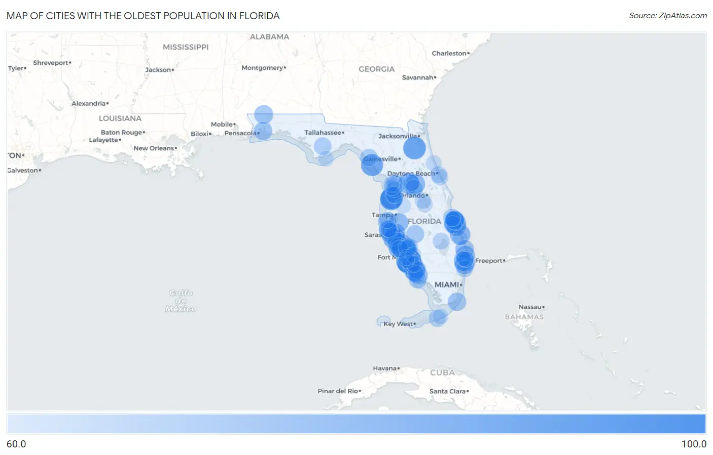 Cities with the Oldest Population in Florida Map