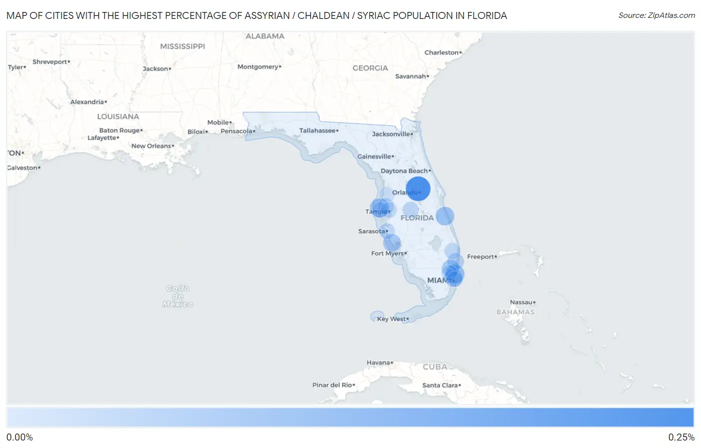 Cities with the Highest Percentage of Assyrian / Chaldean / Syriac Population in Florida Map