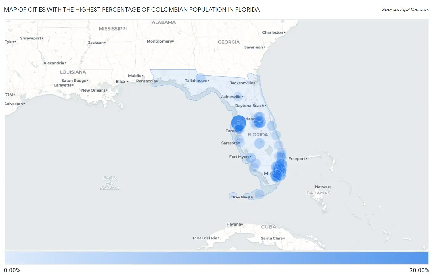 Cities with the Highest Percentage of Colombian Population in Florida Map