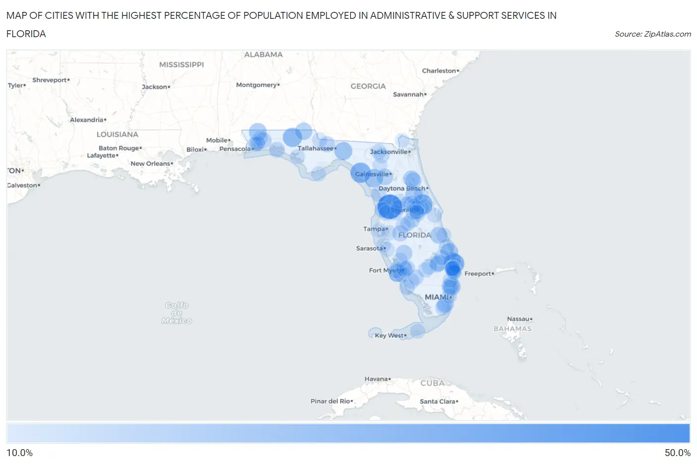 Cities with the Highest Percentage of Population Employed in Administrative & Support Services in Florida Map