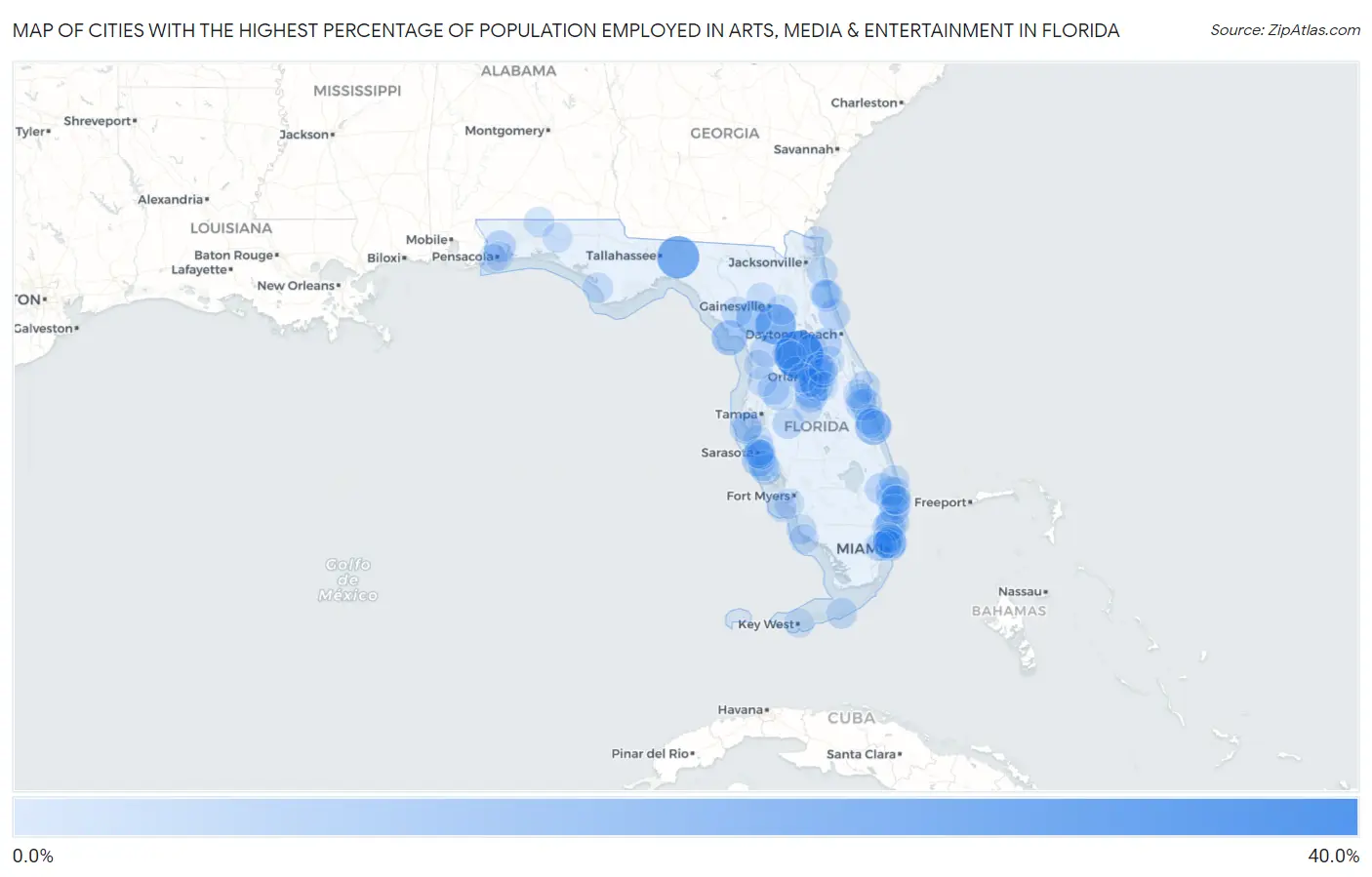 Cities with the Highest Percentage of Population Employed in Arts, Media & Entertainment in Florida Map