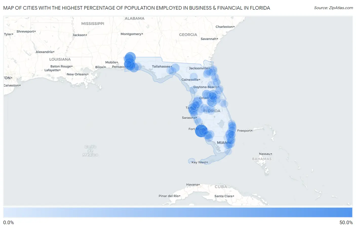 Cities with the Highest Percentage of Population Employed in Business & Financial in Florida Map