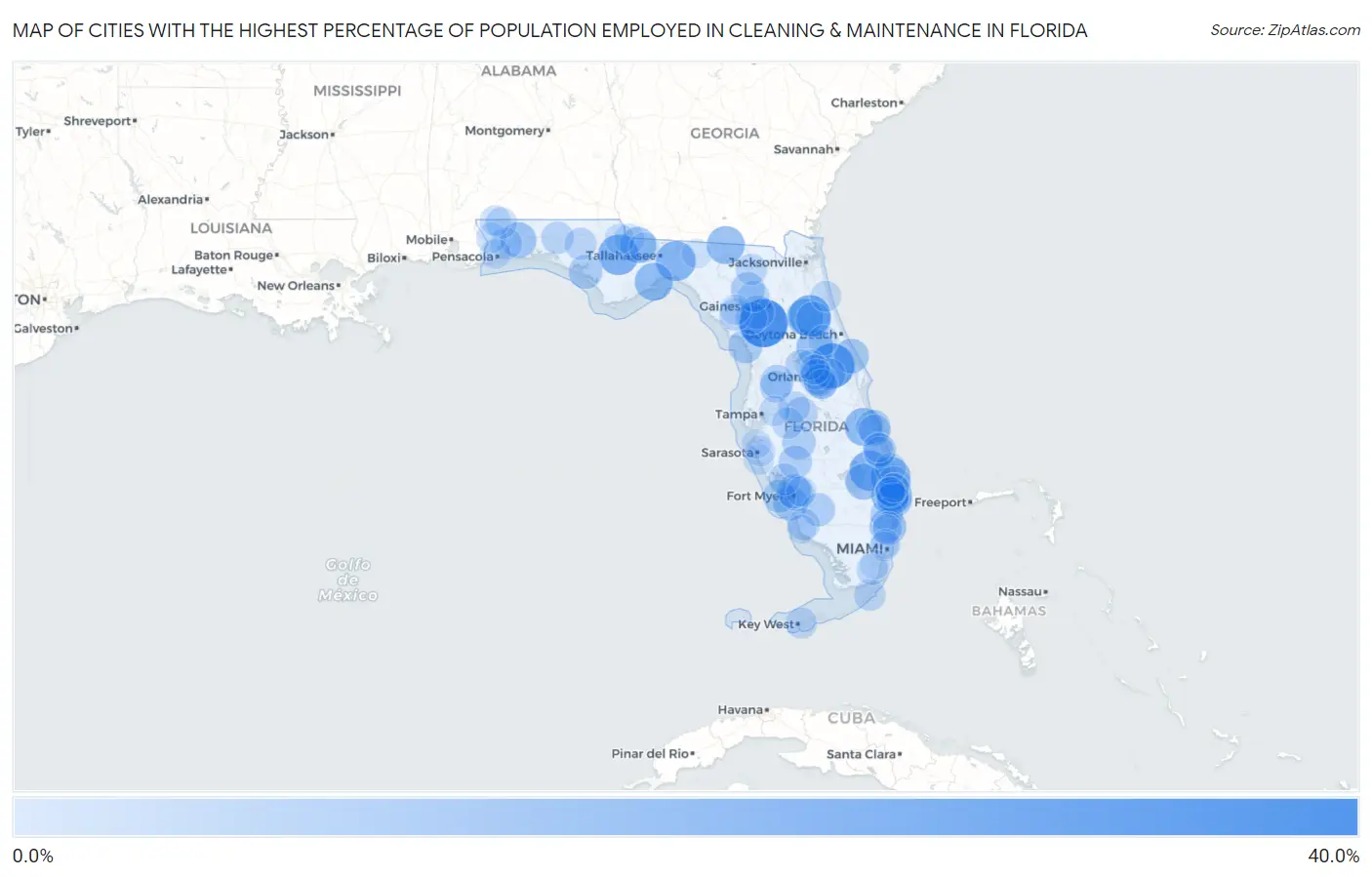 Cities with the Highest Percentage of Population Employed in Cleaning & Maintenance in Florida Map