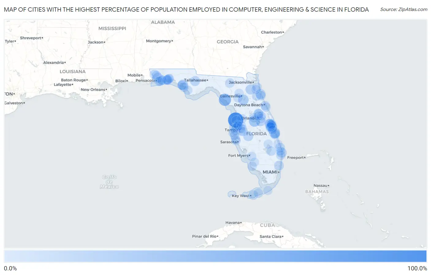 Cities with the Highest Percentage of Population Employed in Computer, Engineering & Science in Florida Map