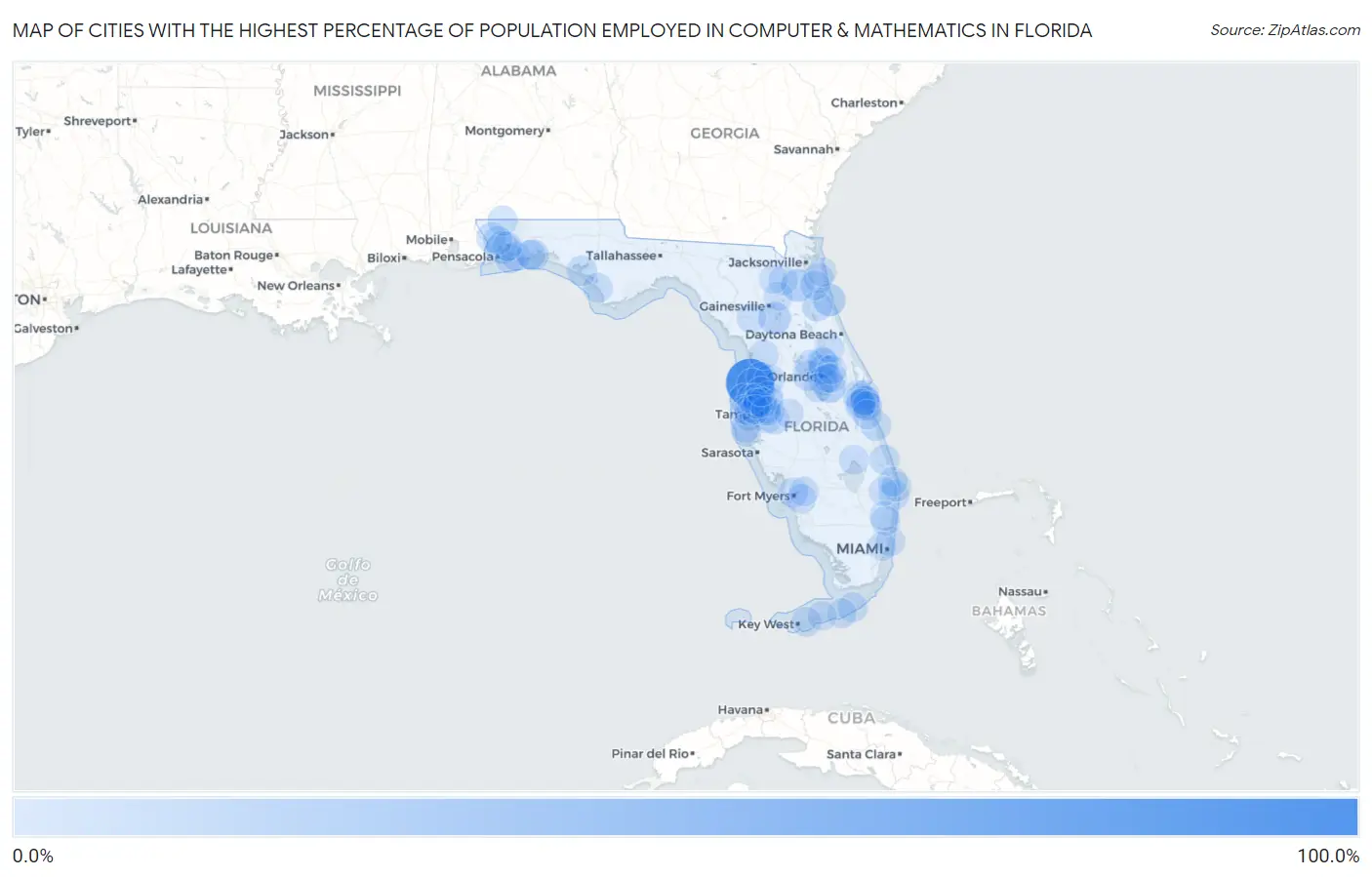 Cities with the Highest Percentage of Population Employed in Computer & Mathematics in Florida Map