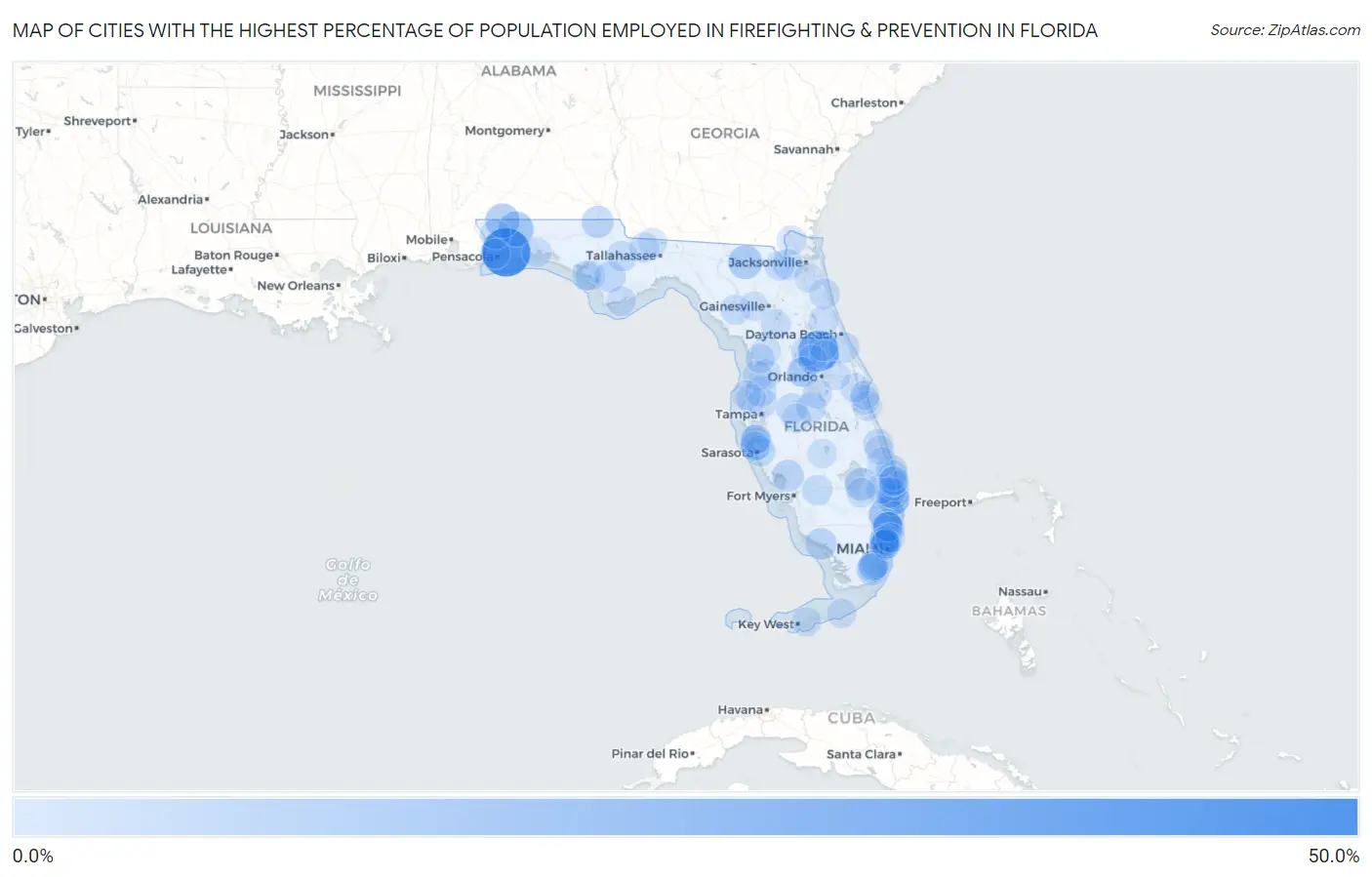 Cities with the Highest Percentage of Population Employed in Firefighting & Prevention in Florida Map