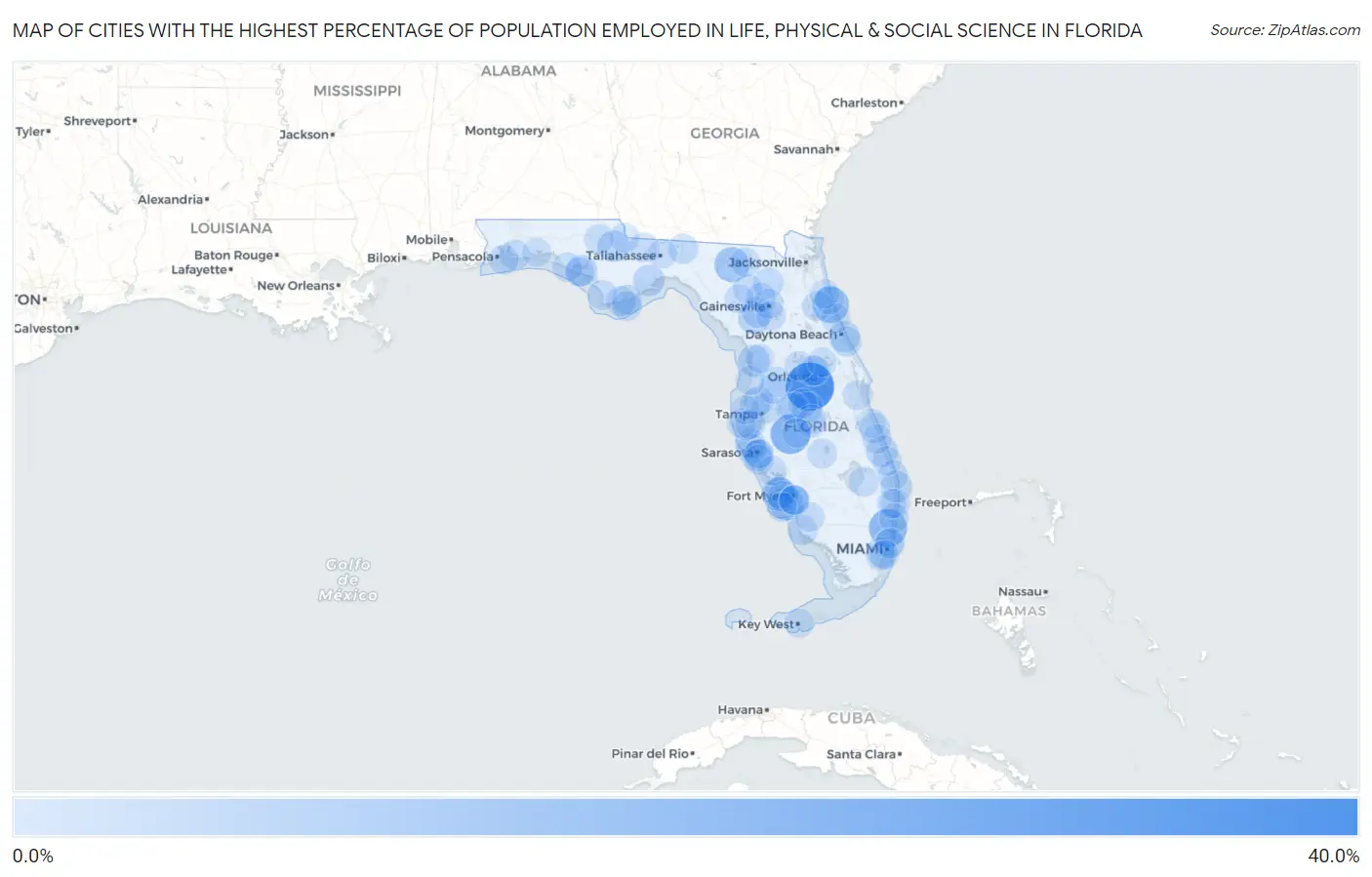 Cities with the Highest Percentage of Population Employed in Life, Physical & Social Science in Florida Map