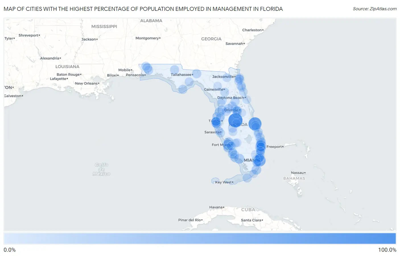 Cities with the Highest Percentage of Population Employed in Management in Florida Map