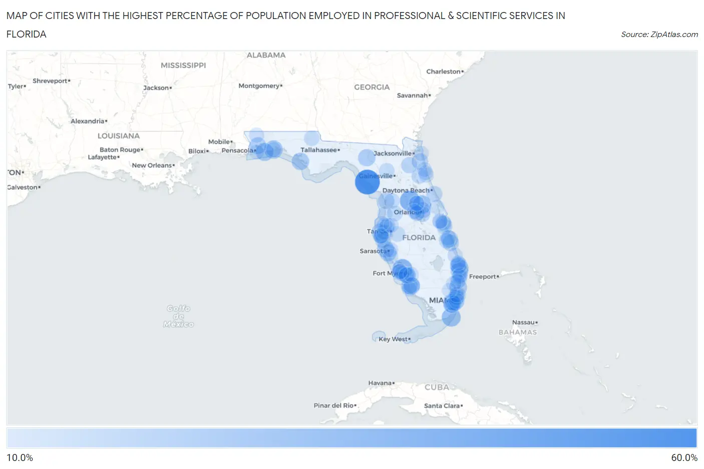 Cities with the Highest Percentage of Population Employed in Professional & Scientific Services in Florida Map
