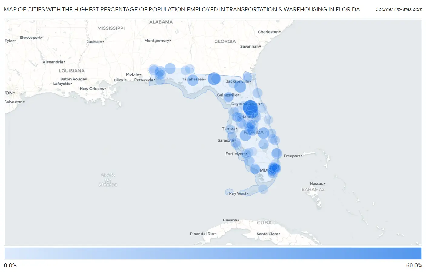 Cities with the Highest Percentage of Population Employed in Transportation & Warehousing in Florida Map