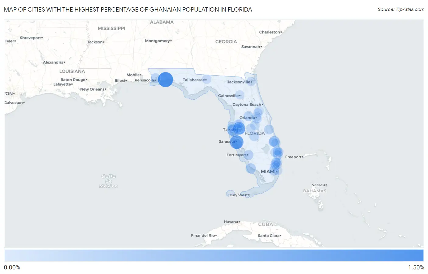 Cities with the Highest Percentage of Ghanaian Population in Florida Map