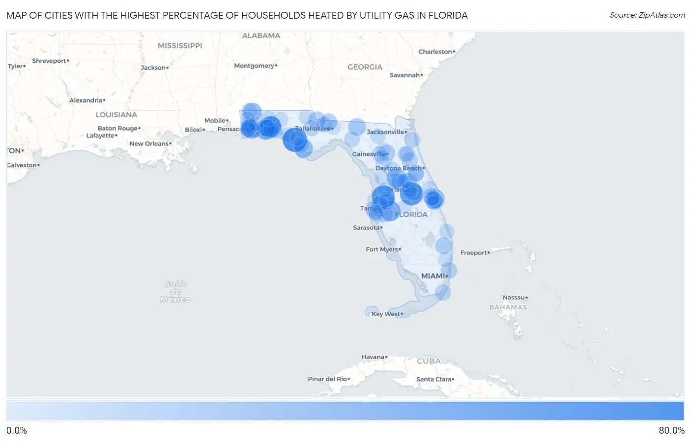 Cities with the Highest Percentage of Households Heated by Utility Gas in Florida Map