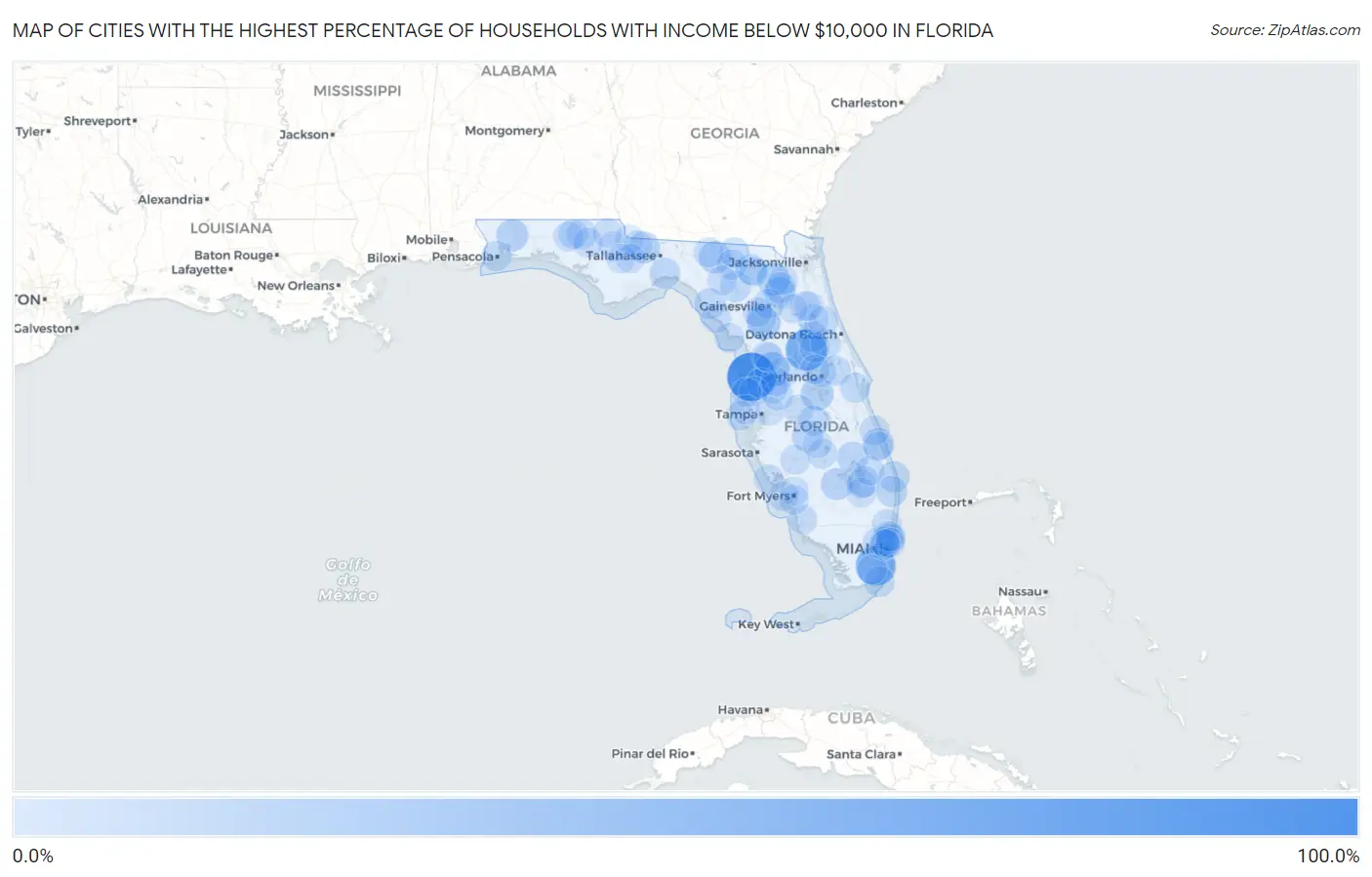Cities with the Highest Percentage of Households with Income Below $10,000 in Florida Map