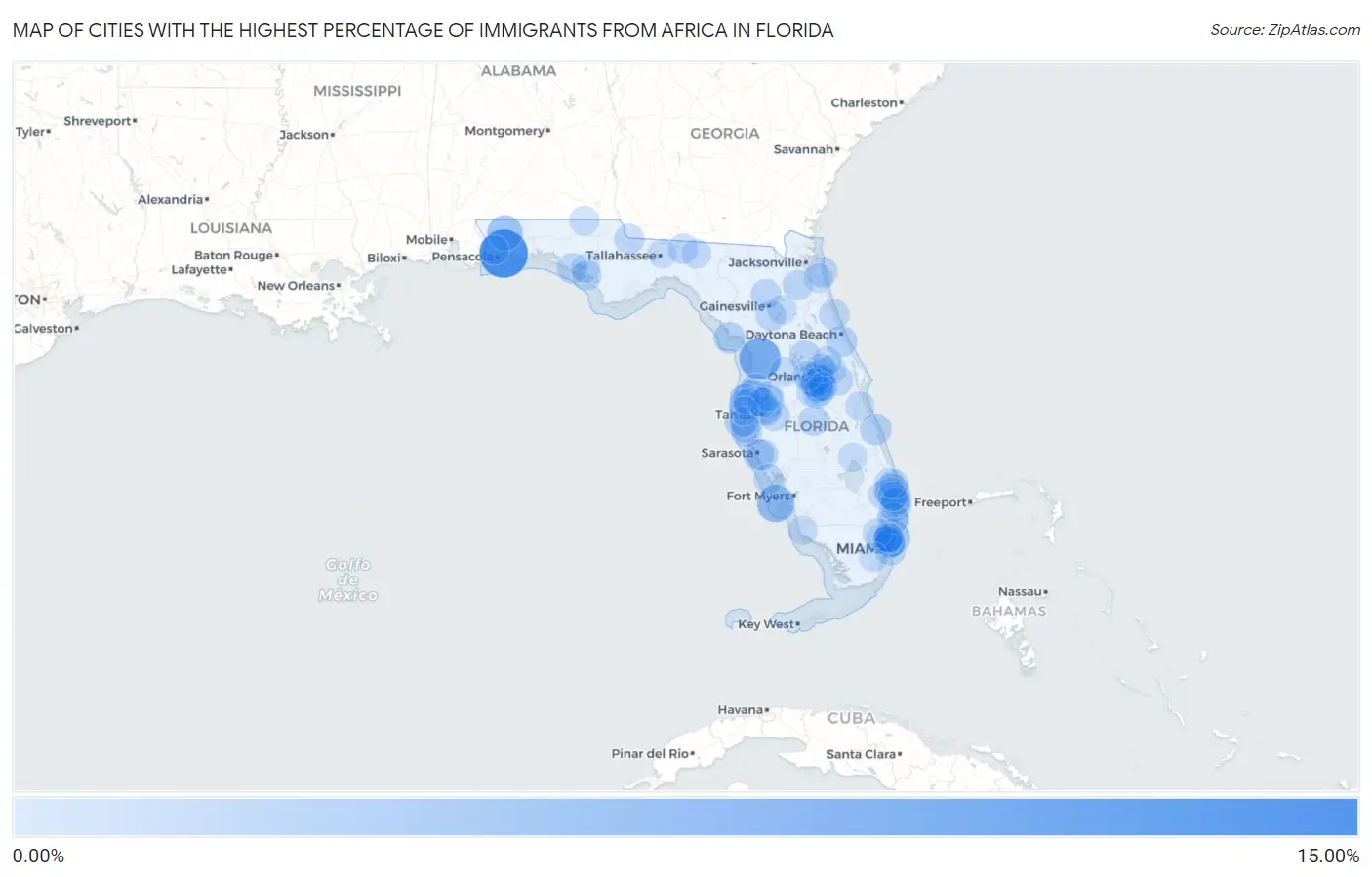 Cities with the Highest Percentage of Immigrants from Africa in Florida Map