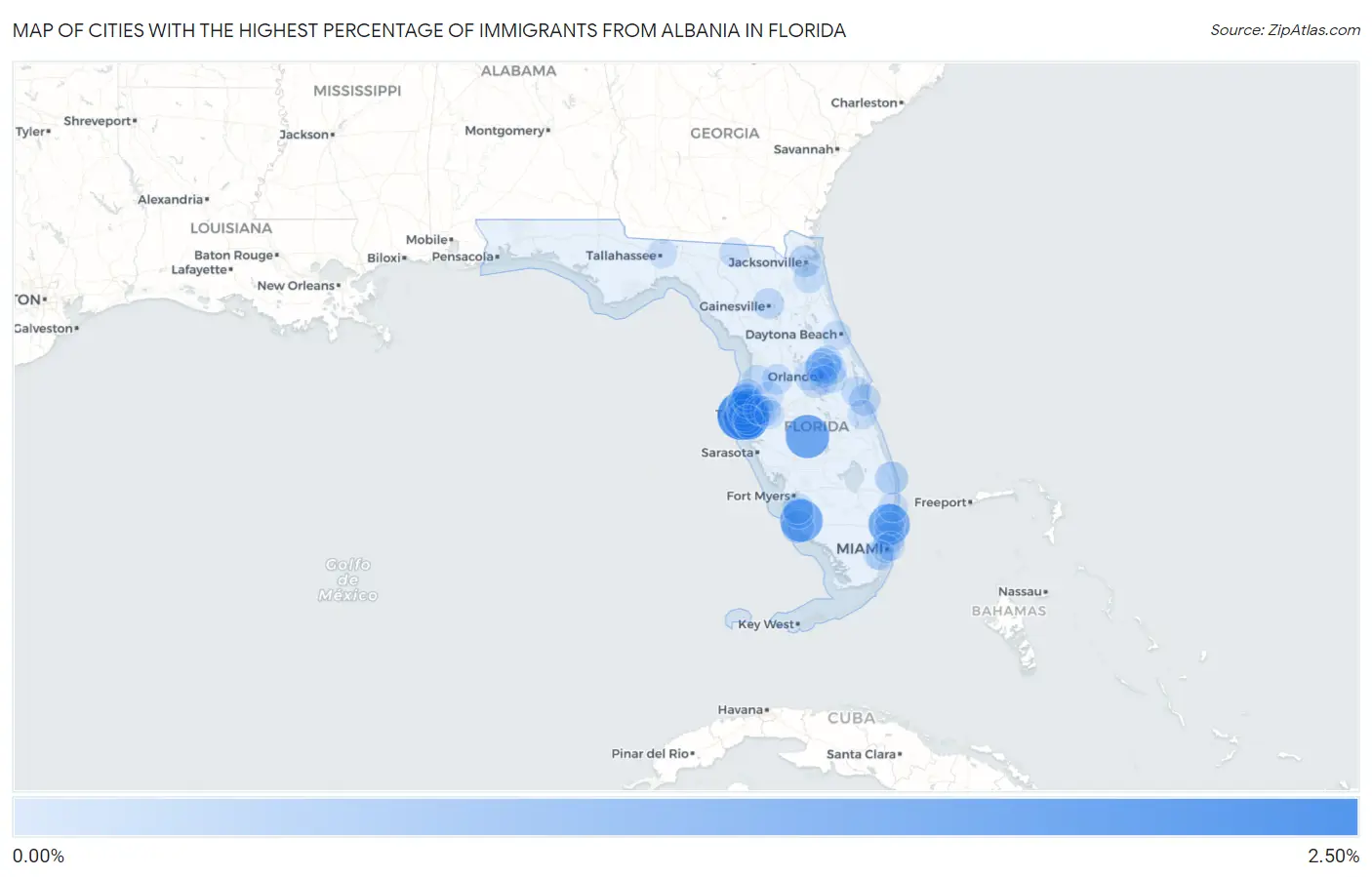 Cities with the Highest Percentage of Immigrants from Albania in Florida Map