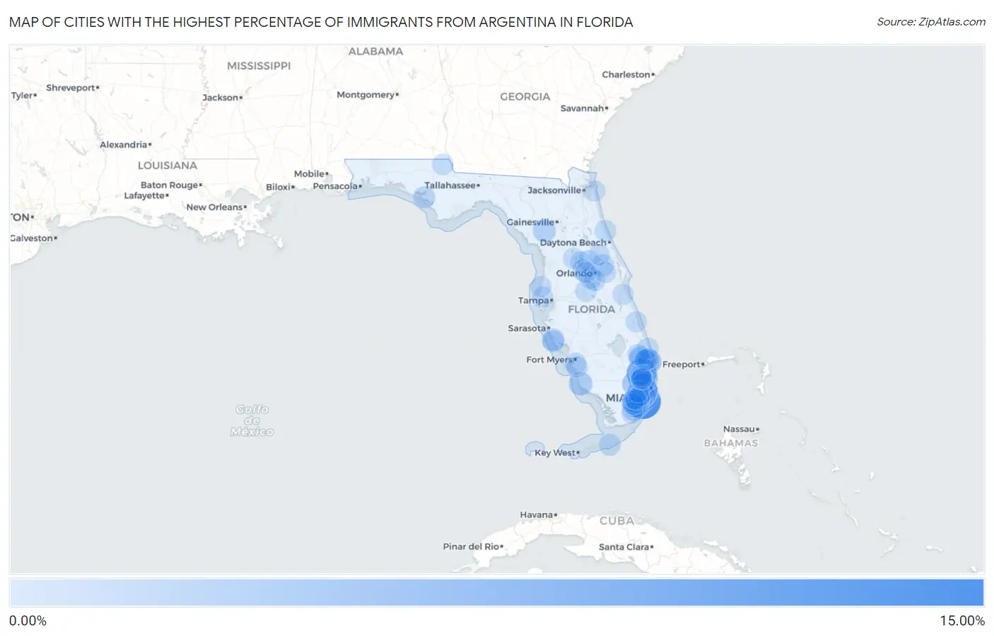 Cities with the Highest Percentage of Immigrants from Argentina in Florida Map